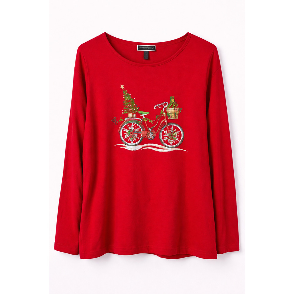 Karen Scott Women's Red Christmas Holiday 2x Long Sleeve Cotton Bicycle Glitter